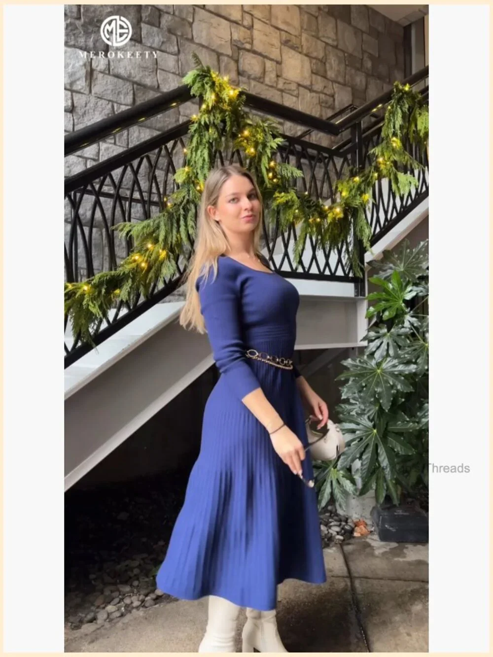 Square Neck Long Sleeve Pleated Knit Midi Dress - Picture 6 of 7